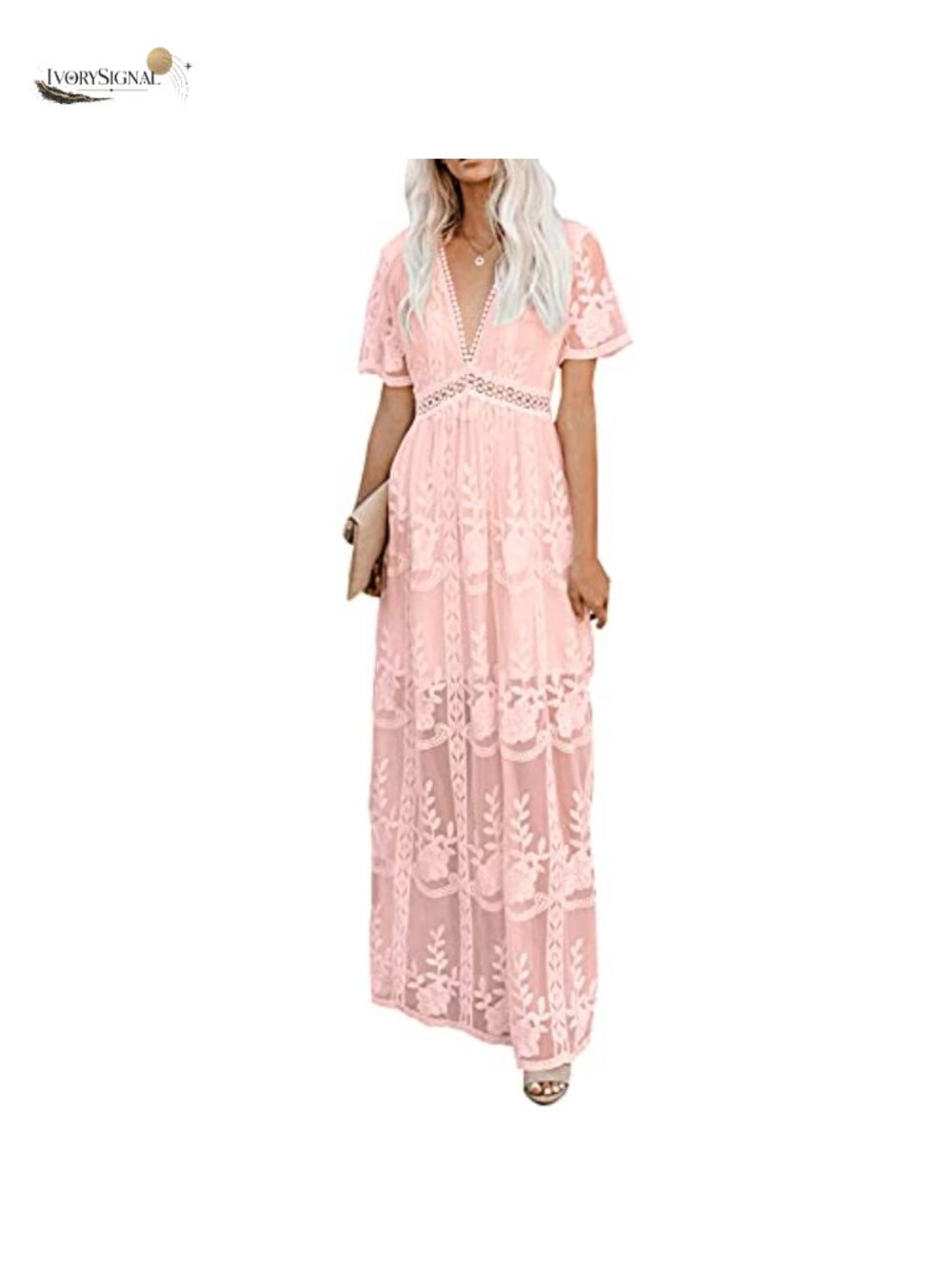 Women's Deep V Neck Short Sleeve Floral Lace Maxi Dress, Elegant Party &